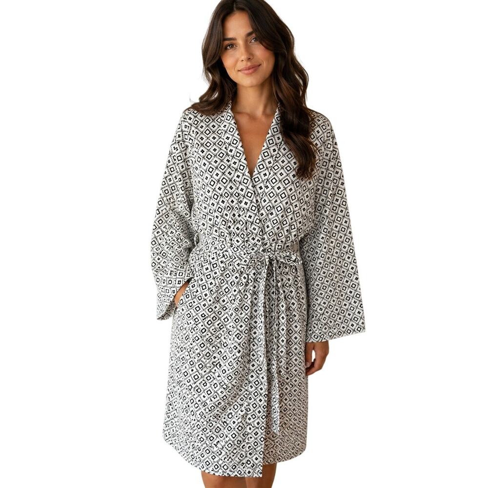 Cats Pajamas Cotton Robe Womens Size M/L White Black Geo Belted Bathrobe
